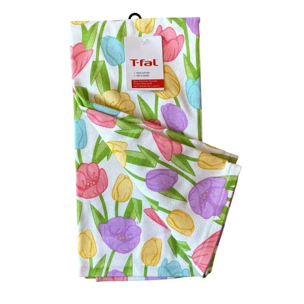 T-Fal Floral Cotton Kitchen Towels 18x28 Pop of Color Spring Tulips Set of 2 NEW